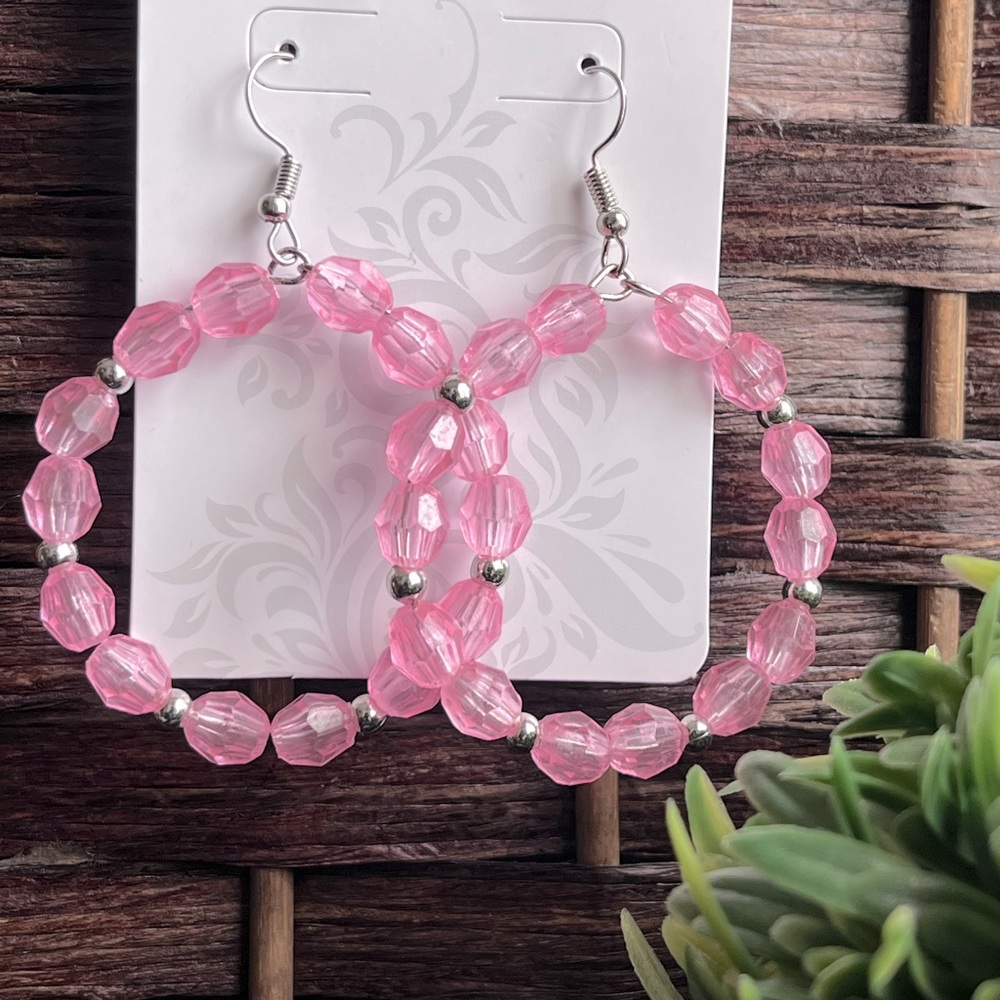 Pink Crystal and Bead Hoop Earrings